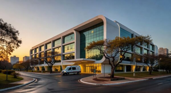 Hospital em Brasília com ambulância na entrada, simbolizando internação por broncopneumonia bacteriana.