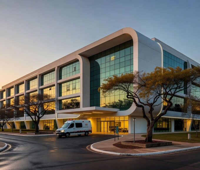 Hospital em Brasília com ambulância na entrada, simbolizando internação por broncopneumonia bacteriana.