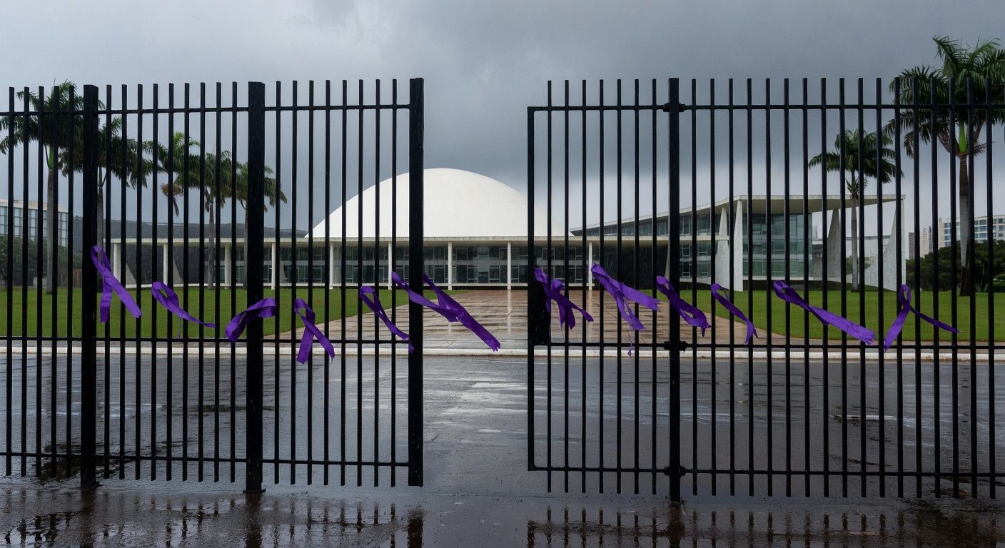 Edifício da CLDF em Brasília com símbolos contra violência de gênero, sob céu nublado, representando aumento alarmante de violência.