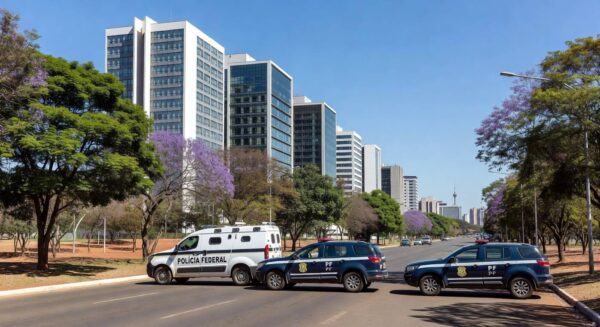 Setores hoteleiros em Brasília com viaturas policiais, representando ampliação de área de segurança especial.