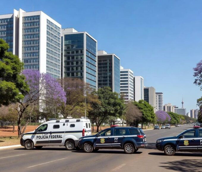 Setores hoteleiros em Brasília com viaturas policiais, representando ampliação de área de segurança especial.