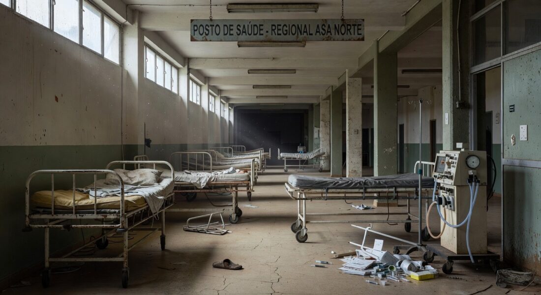Auditório vazio na CLDF com banners de doenças raras negligenciados, expondo descaso no apoio à saúde no Brasil.