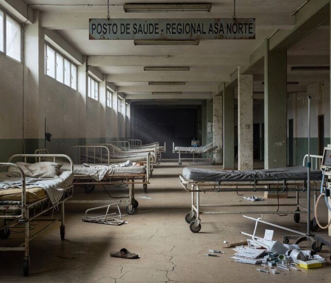 Auditório vazio na CLDF com banners de doenças raras negligenciados, expondo descaso no apoio à saúde no Brasil.