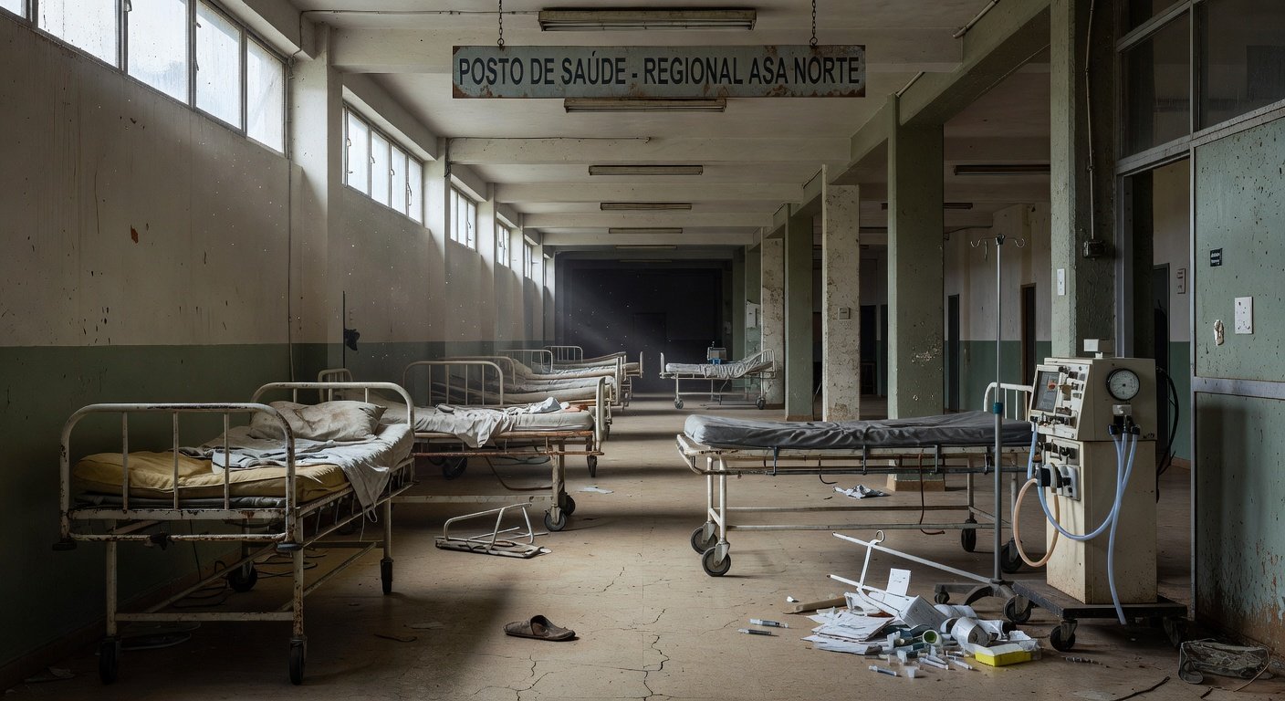Auditório vazio na CLDF com banners de doenças raras negligenciados, expondo descaso no apoio à saúde no Brasil.