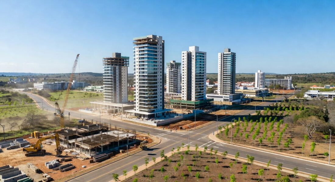 Vista panorâmica de Riacho Fundo II com construções e infraestrutura em desenvolvimento pelo GDF, transformando a região em polo autossuficiente.