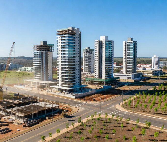 Vista panorâmica de Riacho Fundo II com construções e infraestrutura em desenvolvimento pelo GDF, transformando a região em polo autossuficiente.