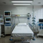 Sala de UTI em hospital brasileiro com equipamentos médicos e cama vazia, representando tratamento de função renal e inflamação.