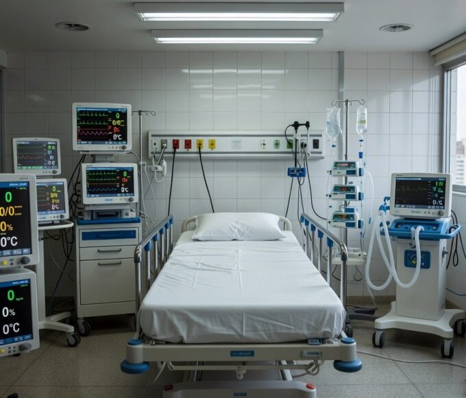 Sala de UTI em hospital brasileiro com equipamentos médicos e cama vazia, representando tratamento de função renal e inflamação.