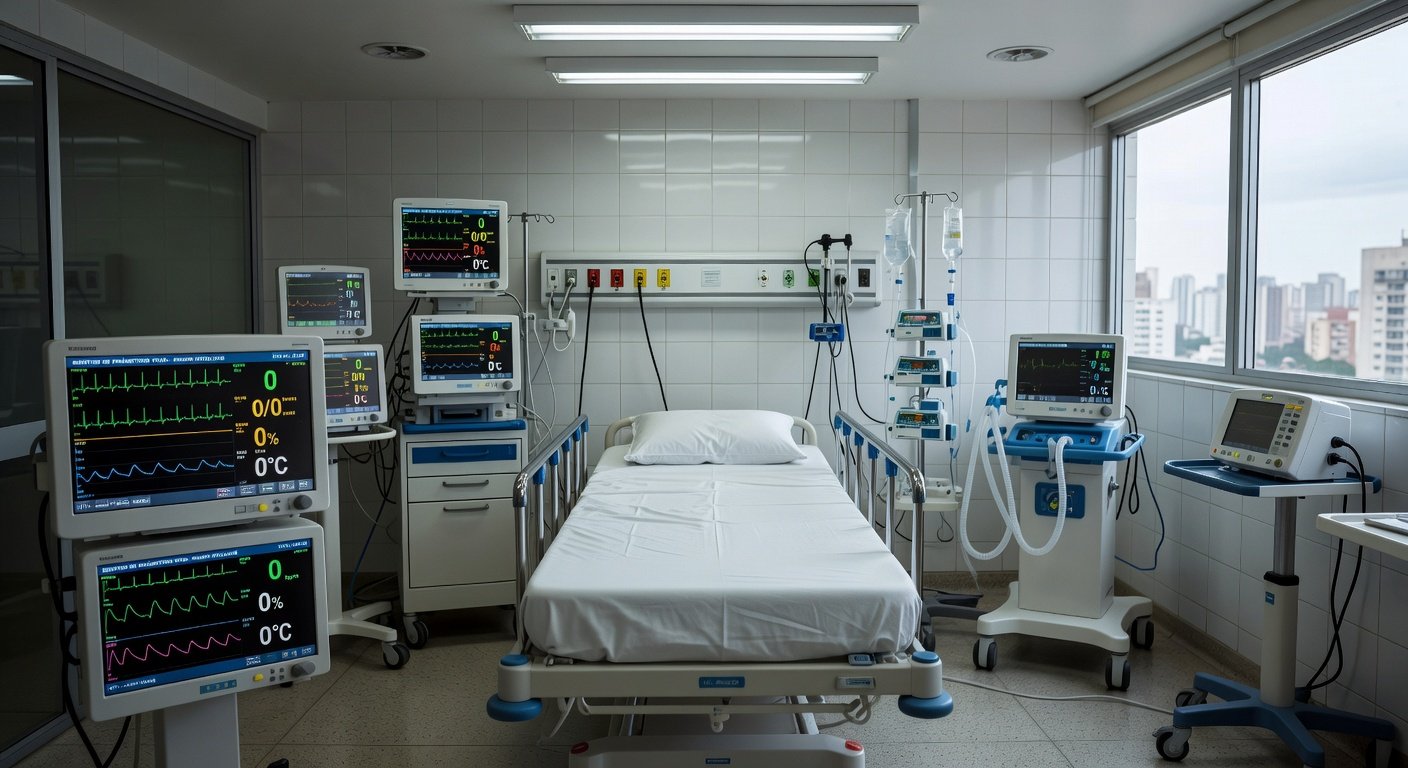 Sala de UTI em hospital brasileiro com equipamentos médicos e cama vazia, representando tratamento de função renal e inflamação.