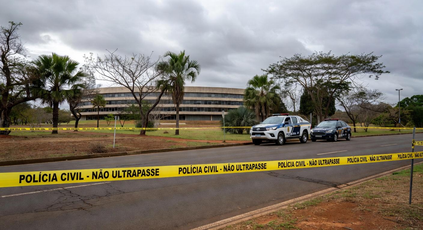 Cena de crime isolada por fita policial em Brasília, com viaturas da Polícia Civil no Distrito Federal.