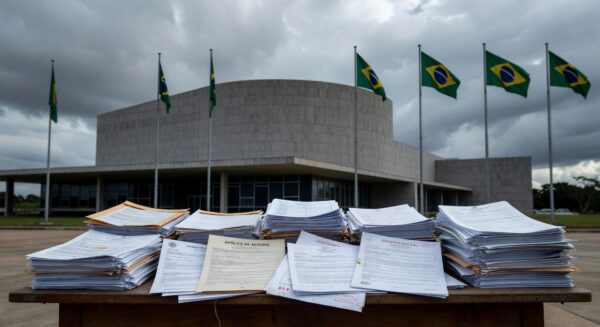 Edifício da Câmara Legislativa do DF em Brasília, com bandeiras e placas de homenagem, sob céu nublado, representando crises no Distrito Federal.
