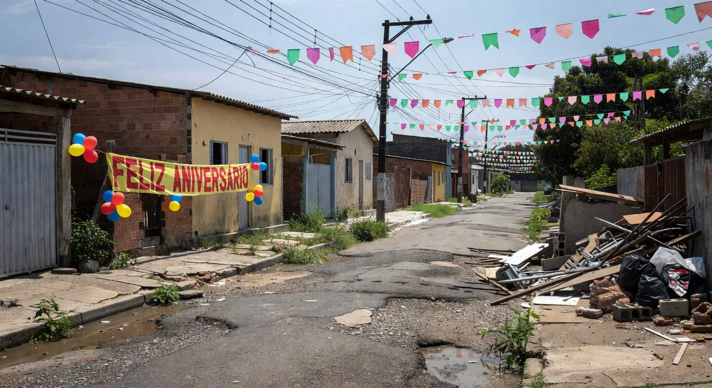 Rua no Riacho Fundo I com decorações de aniversário e problemas de infraestrutura urbana no Distrito Federal.