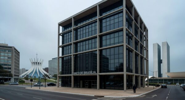 Fachada do edifício do BRB em Brasília, destacando fragilidades na gestão aprovadas pela CCJ da CLDF.