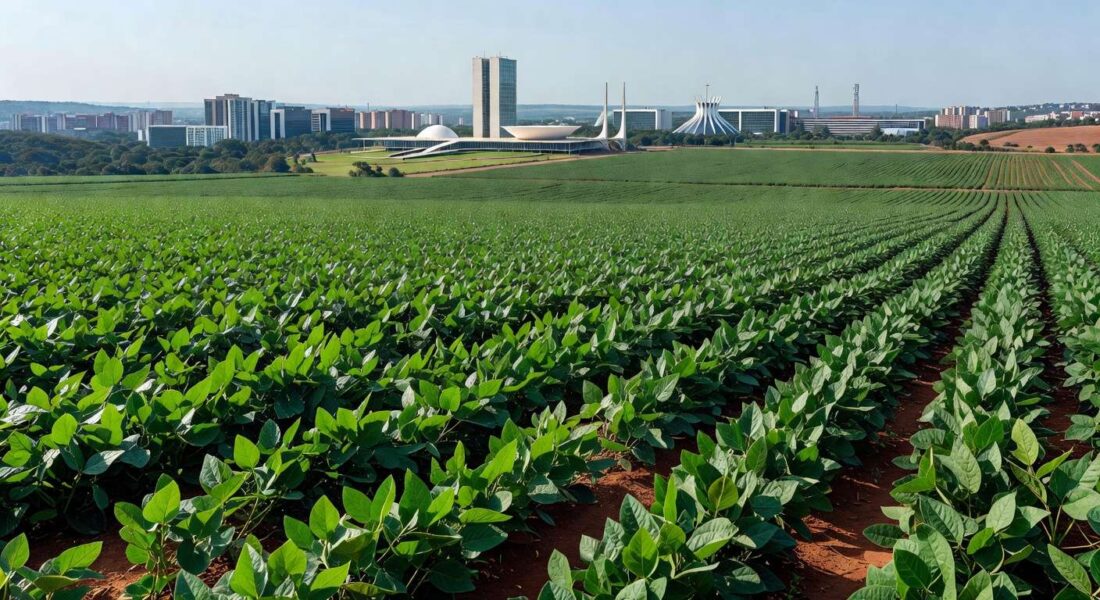 Plantação de soja no DF com skyline de Brasília ao fundo, representando incentivos fiscais ao agro e desigualdades orçamentárias.