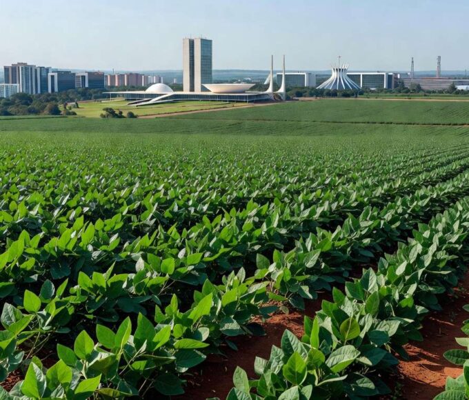 Plantação de soja no DF com skyline de Brasília ao fundo, representando incentivos fiscais ao agro e desigualdades orçamentárias.