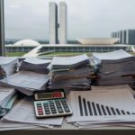 Mesa com documentos de impostos e gráficos de declínio econômico em Brasília, representando carga tributária sufocando a economia do DF.