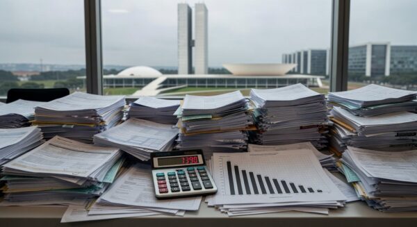 Mesa com documentos de impostos e gráficos de declínio econômico em Brasília, representando carga tributária sufocando a economia do DF.