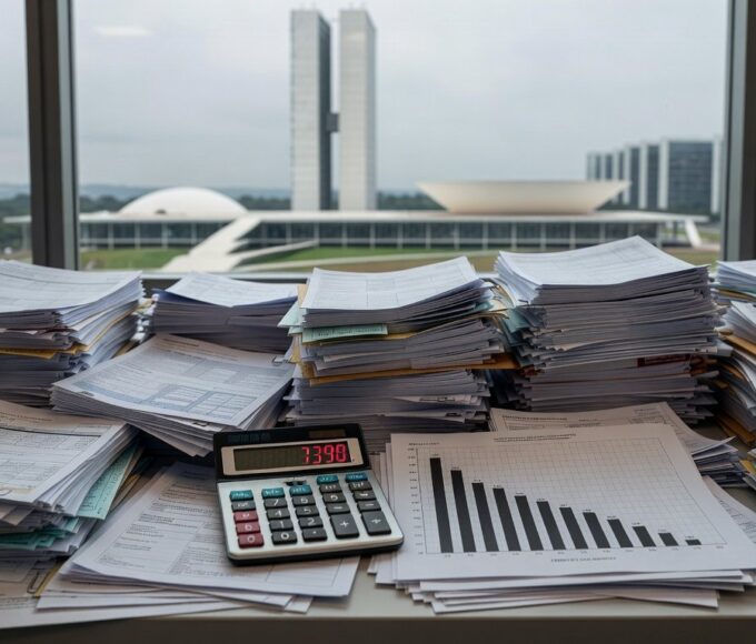 Mesa com documentos de impostos e gráficos de declínio econômico em Brasília, representando carga tributária sufocando a economia do DF.