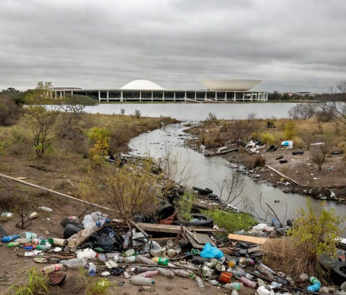 Área ambiental degradada no DF com lixo e vegetação poluída, ao fundo prédio da CLDF, destacando falhas persistentes em meio a homenagens.