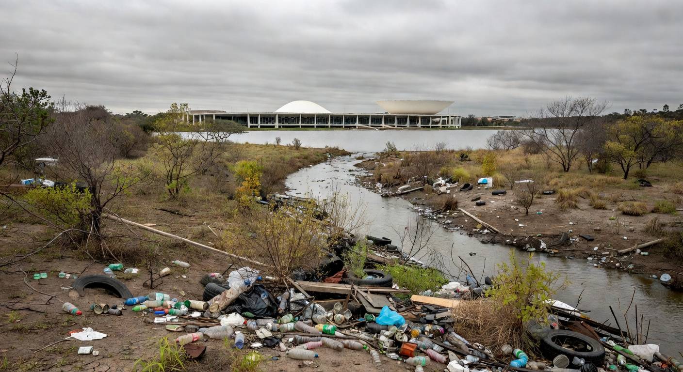 Área ambiental degradada no DF com lixo e vegetação poluída, ao fundo prédio da CLDF, destacando falhas persistentes em meio a homenagens.