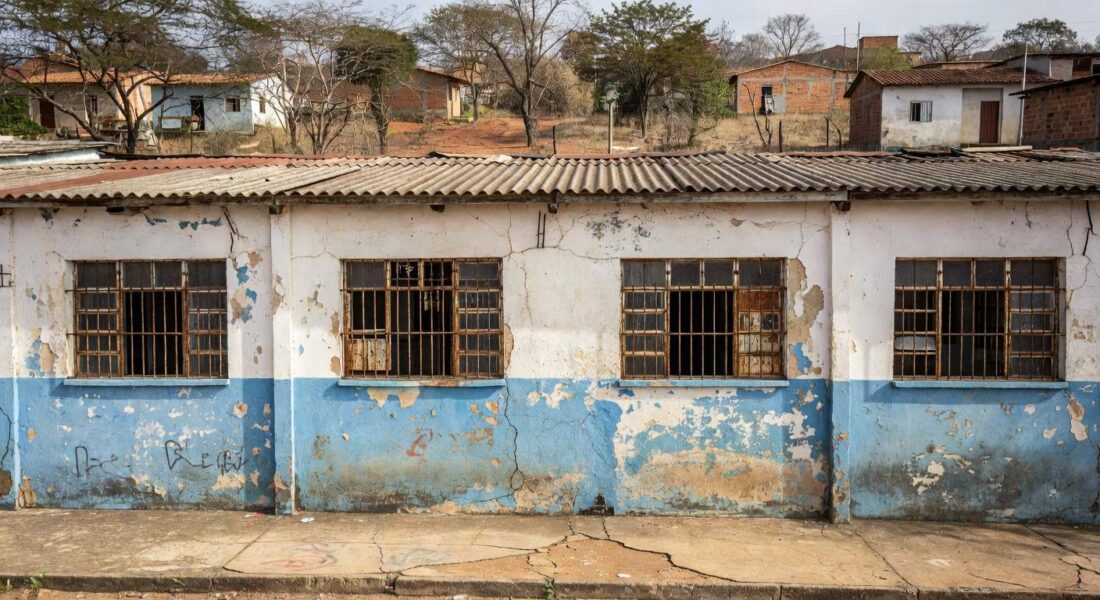 Escola antiga em Sobradinho com fachada desgastada, representando homenagem aos 60 anos e críticas ao sistema educacional no DF.