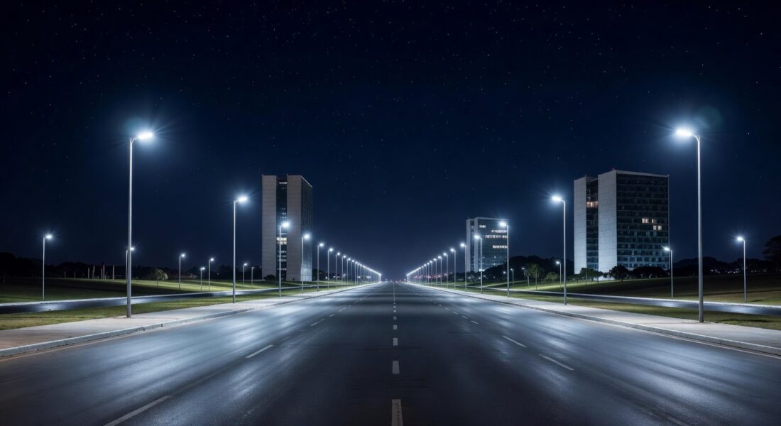 Avenida em Brasília à noite com iluminação LED moderna, simbolizando modernização e economia na iluminação pública.