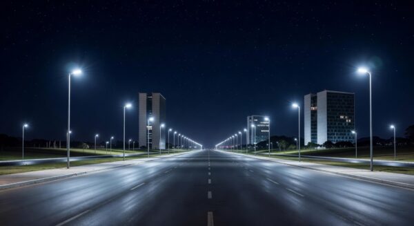Avenida em Brasília à noite com iluminação LED moderna, simbolizando modernização e economia na iluminação pública.