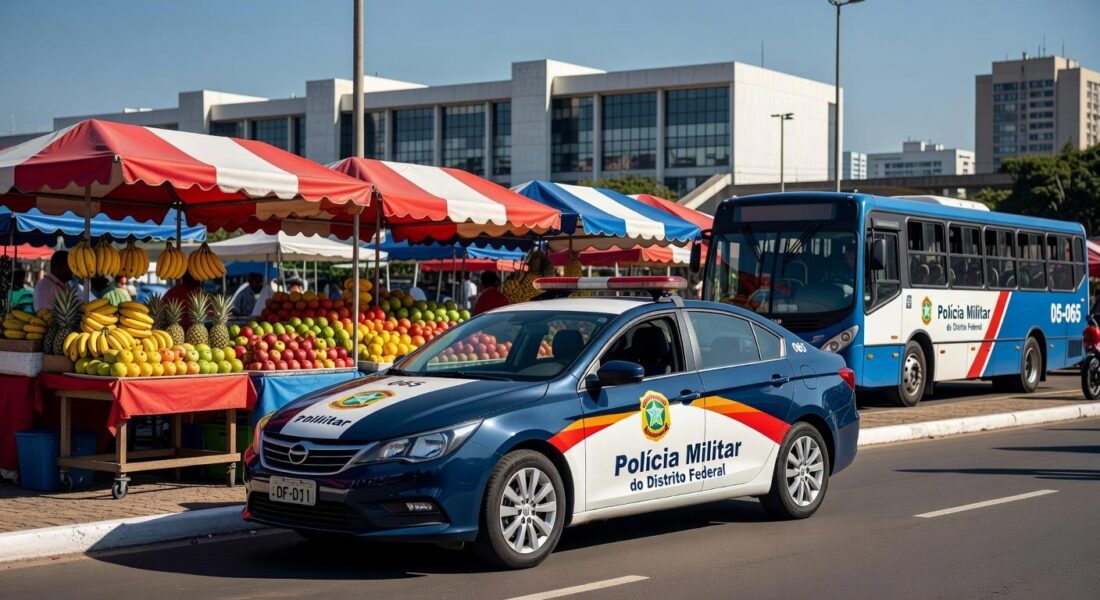 Viatura da Polícia Militar do DF perto de feira e ônibus em Brasília, representando detenção por confusão com spray de gás.