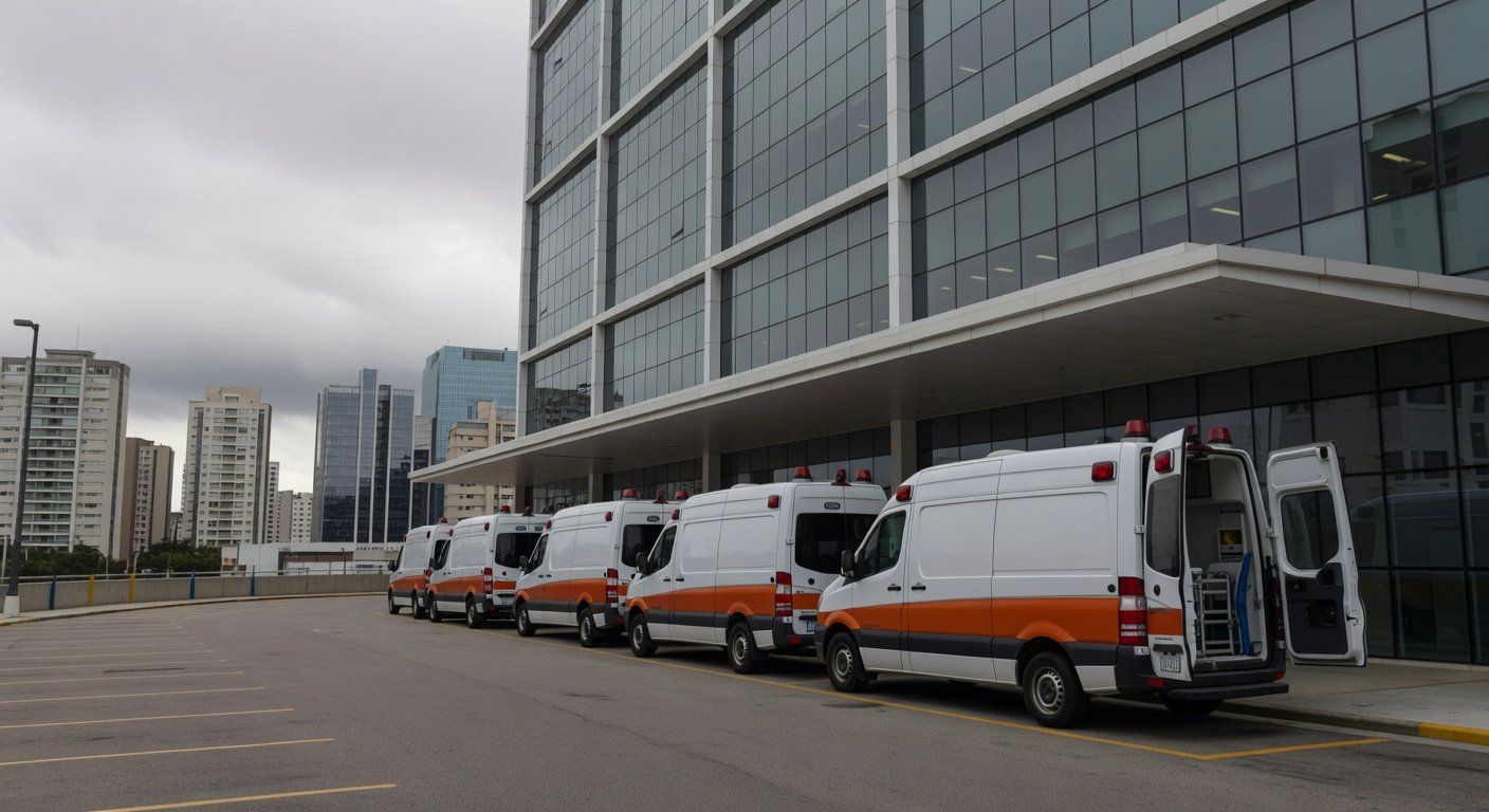Fachada de hospital em São Paulo com ambulâncias, representando internação por suspeita de infecção.