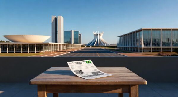 Nota fiscal representando o Programa Nota Legal no DF, com vista da Esplanada dos Ministérios em Brasília.