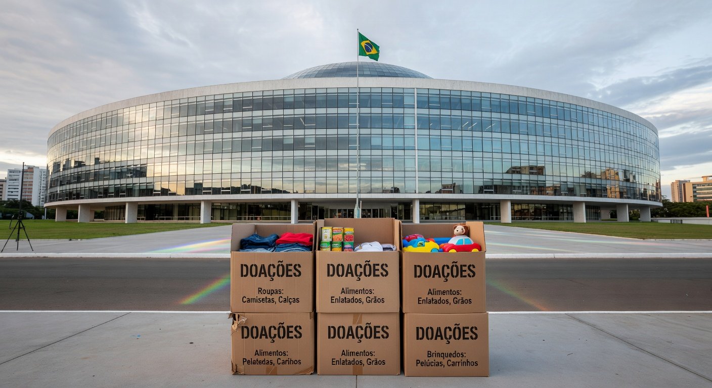 Caixas de doações em frente ao TJDFT para campanha Casa que Abraça, arrecadando itens para famílias realocadas em Brasília.