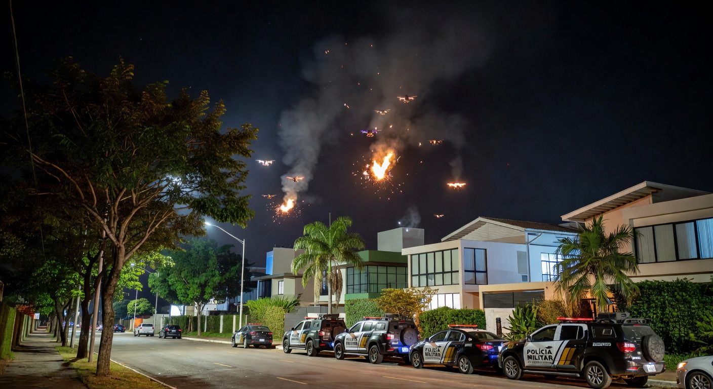 Drones derrubados sobre residência em Brasília, com viaturas da PMDF no local.