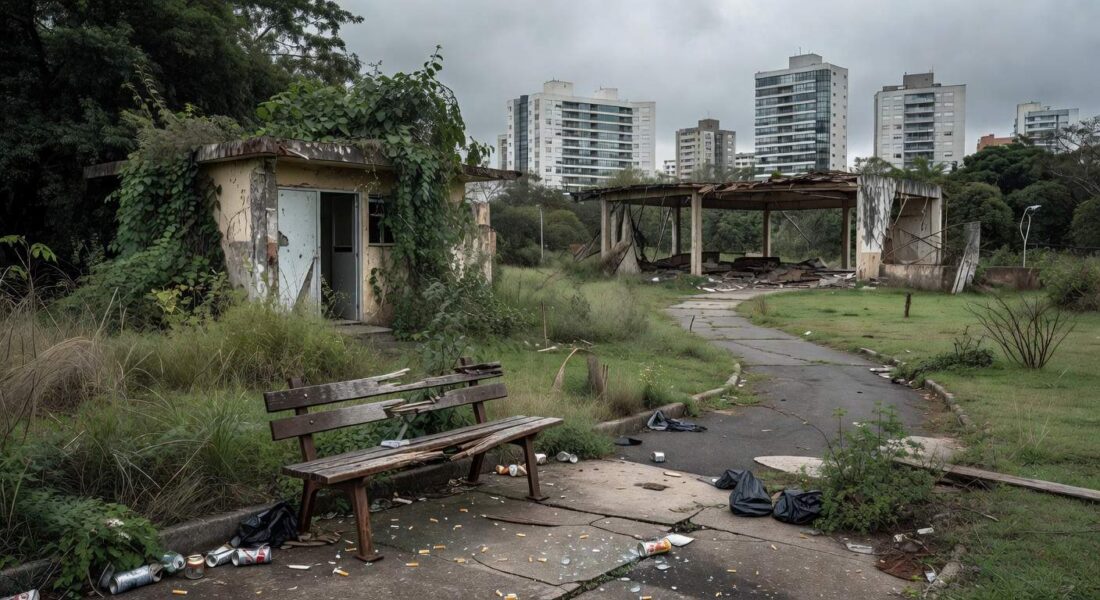 Parque Central de Águas Claras em estado de negligência, com lixo e estruturas danificadas, exposto pela CLDF.