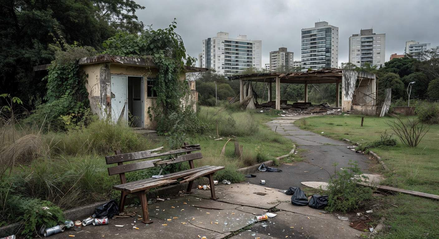 Parque Central de Águas Claras em estado de negligência, com lixo e estruturas danificadas, exposto pela CLDF.