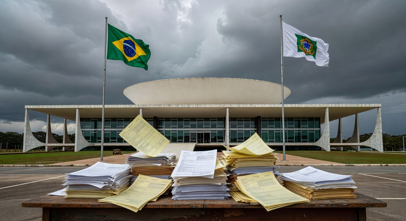 Edifício da CLDF em Brasília com bandeiras e documentos simbólicos de ônus financeiro público.