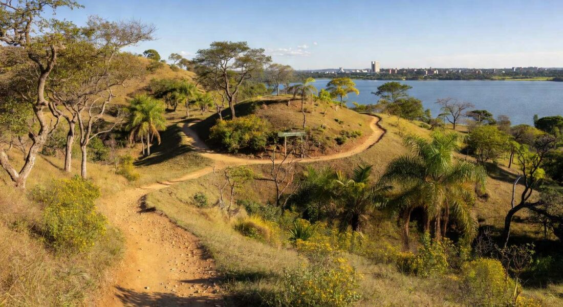 Paisagem da Serrinha do Paranoá no DF, com vegetação do Cerrado e vista do lago, representando transformação em parque ambiental.