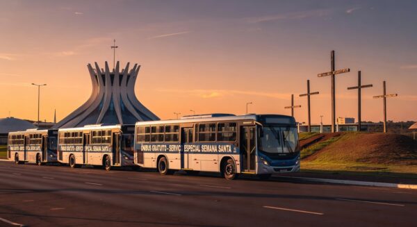 Ônibus gratuitos em Brasília para eventos da Semana Santa, com arquitetura icônica ao fundo.