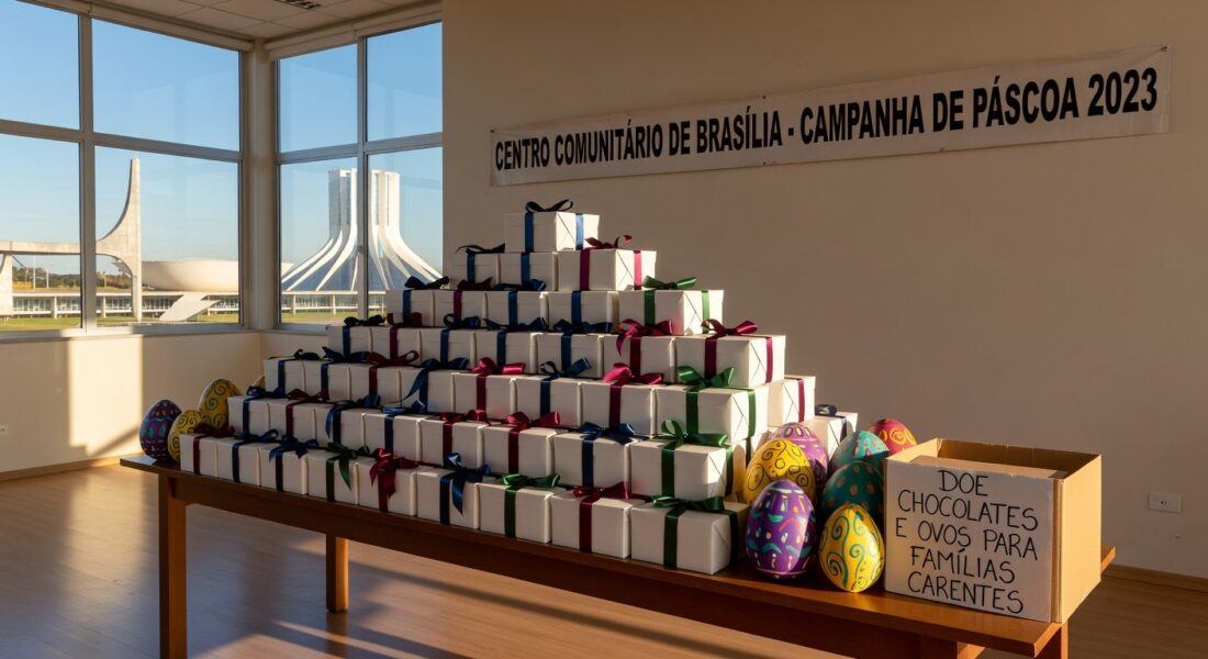 Pilhas de caixas de chocolate doadas pela Rede Dona para Páscoa solidária no DF, em ambiente comunitário de Brasília.