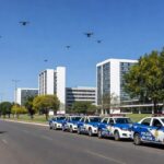 Viaturas policiais e drones na Asa Norte de Brasília durante Operação Presença, combatendo crimes com baixa ocorrência.