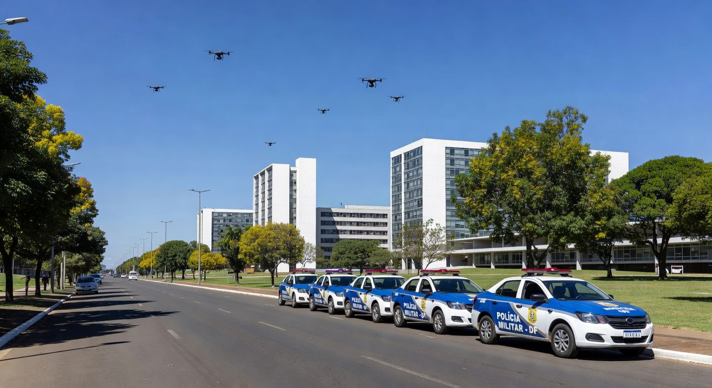 Viaturas policiais e drones na Asa Norte de Brasília durante Operação Presença, combatendo crimes com baixa ocorrência.