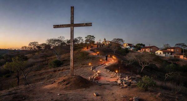 Encenação da Via-Sacra em Planaltina com cruz de madeira em colina ao entardecer, elementos religiosos simbólicos.
