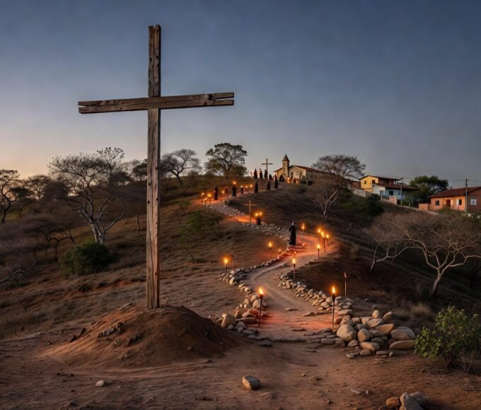 Encenação da Via-Sacra em Planaltina com cruz de madeira em colina ao entardecer, elementos religiosos simbólicos.