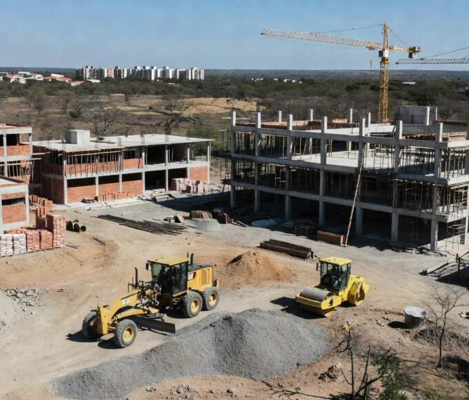 Obras de mobilidade, saúde e educação em Sobradinho, DF, com construções em andamento no planalto central brasileiro.