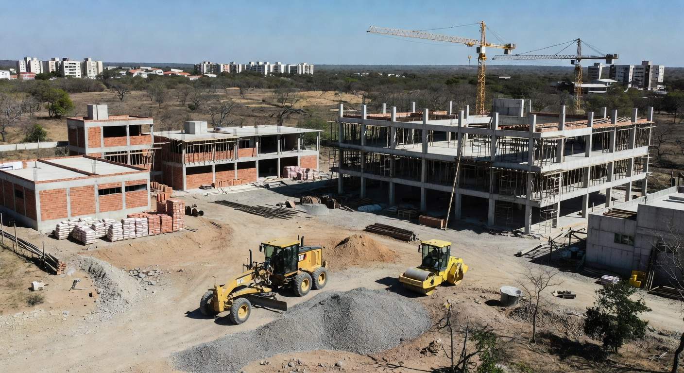 Obras de mobilidade, saúde e educação em Sobradinho, DF, com construções em andamento no planalto central brasileiro.