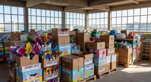 Pilhas de caixas de mercadorias irregulares apreendidas pela Seec-DF na Operação Páscoa em Brasília.