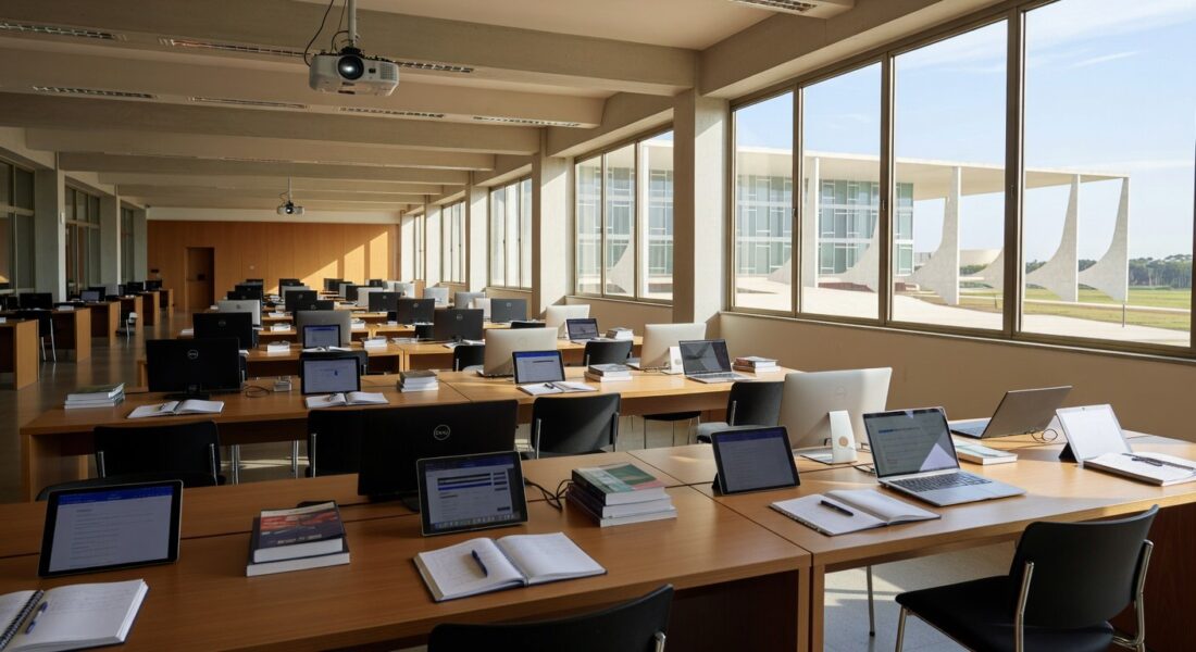 Sala de treinamento híbrido no TJDFT com computadores e materiais para Plataforma Socioeducativa em Brasília.
