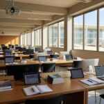 Sala de treinamento híbrido no TJDFT com computadores e materiais para Plataforma Socioeducativa em Brasília.