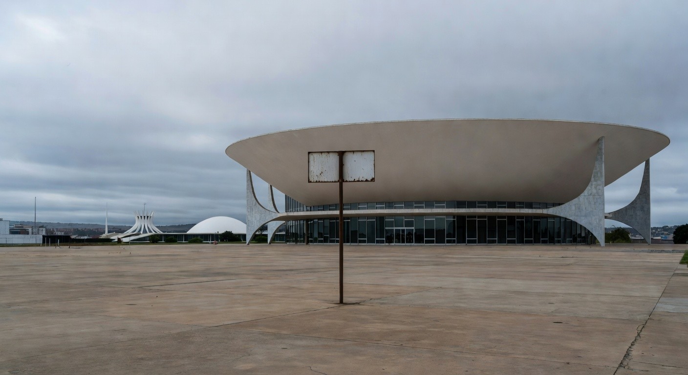 Prédio da Câmara Legislativa em Brasília com elementos de exclusão etária, representando projeto de reinserção de idosos no DF.
