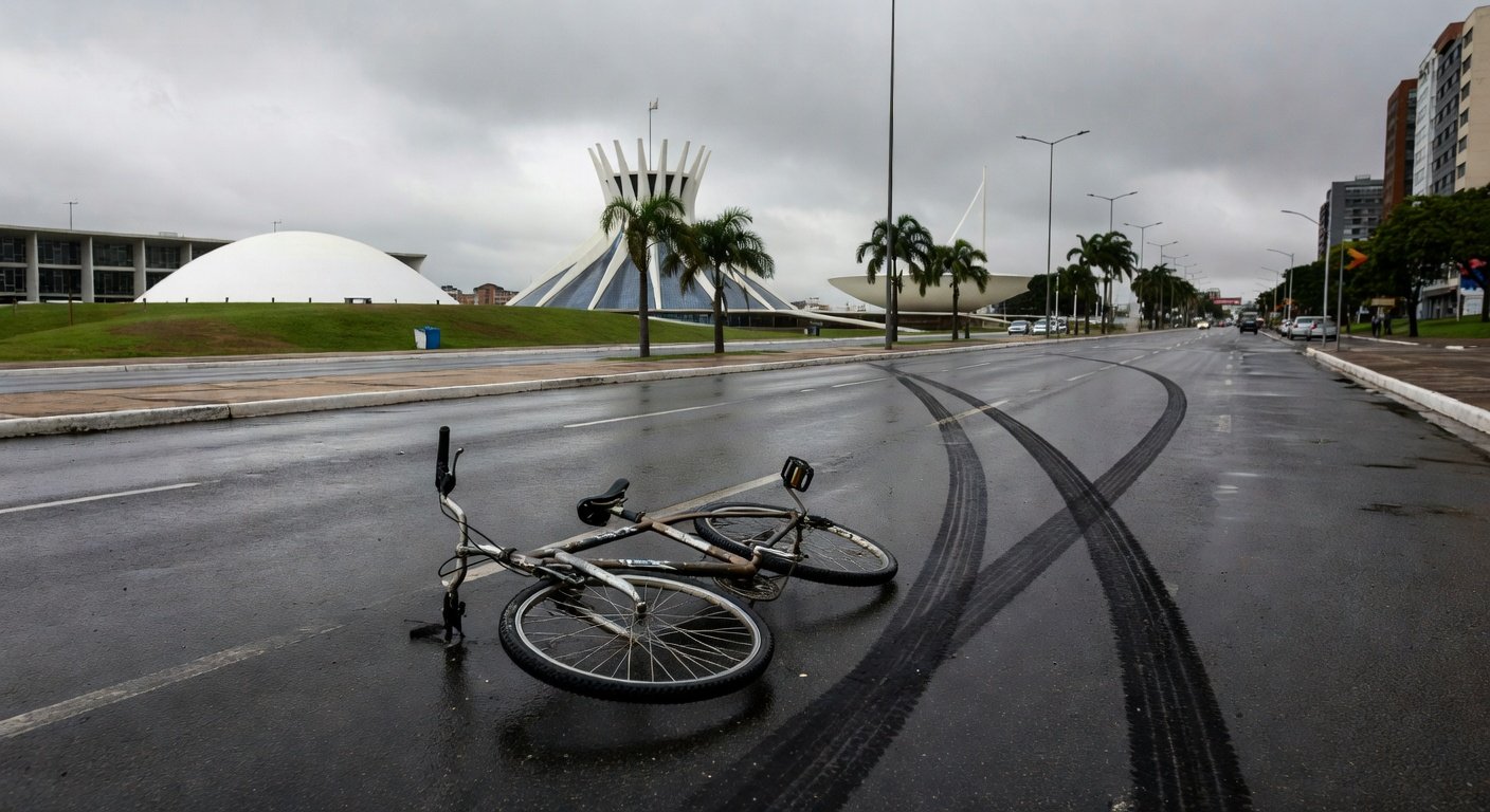 Cena de acidente de trânsito em rua de Brasília com bicicleta caída e marcas de pneus, representando atropelamento fatal de ciclista no DF.