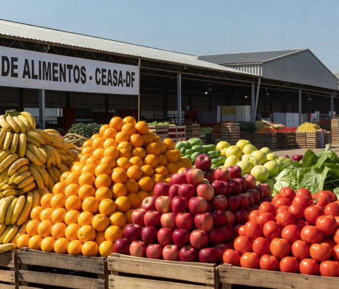 Mercado da Ceasa-DF com pilhas de frutas e vegetais frescos, simbolizando doação de 96 mil kg de alimentos beneficiando 60 mil pessoas.